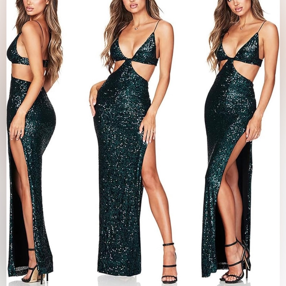 Ricocho Green Sequin Cut-Out Slit Prom/Formal Dress